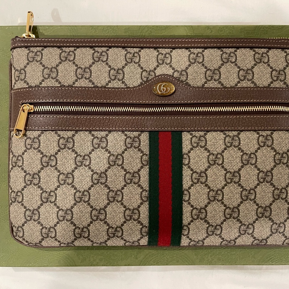 NWT Gucci Ophidia Zip Pouch Clutch GG Coated Canvas Large/ Green and Red Stripe